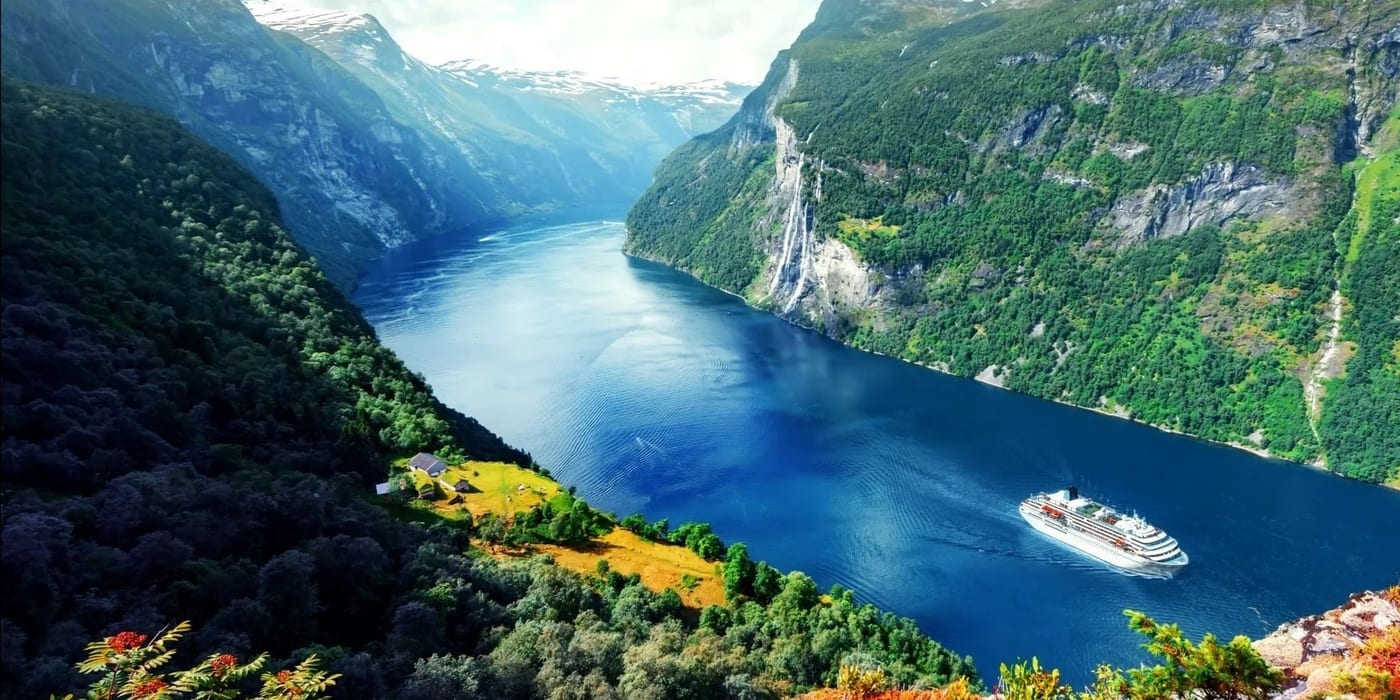 Norwegian fjord with cruise ship